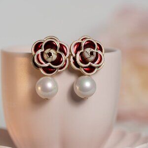 NEW Red Camellia Enamel Floral Stud Back Earrings with Pearl Drop Detail